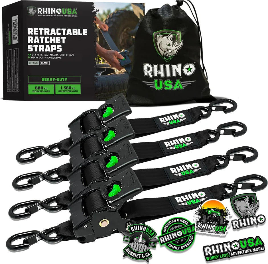 4 PACK Rhino USA 2" x 10' Retractable Ratchet Straps with Self-Retracting Strap & Coated S Hooks