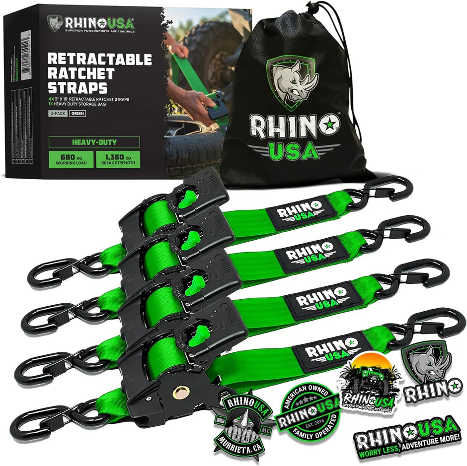 4 PACK Rhino USA 2" x 10' Retractable Ratchet Straps with Self-Retracting Strap & Coated S Hooks