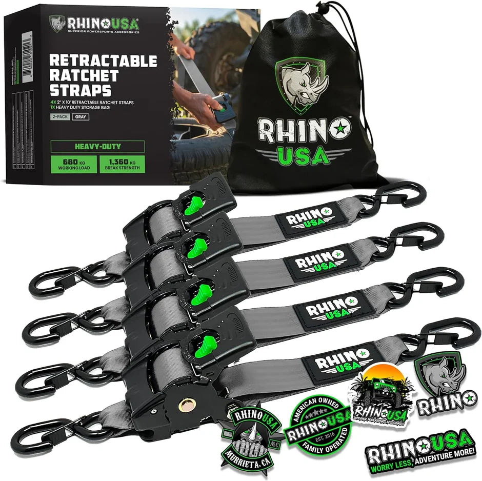 4 PACK Rhino USA 2" x 10' Retractable Ratchet Straps with Self-Retracting Strap & Coated S Hooks