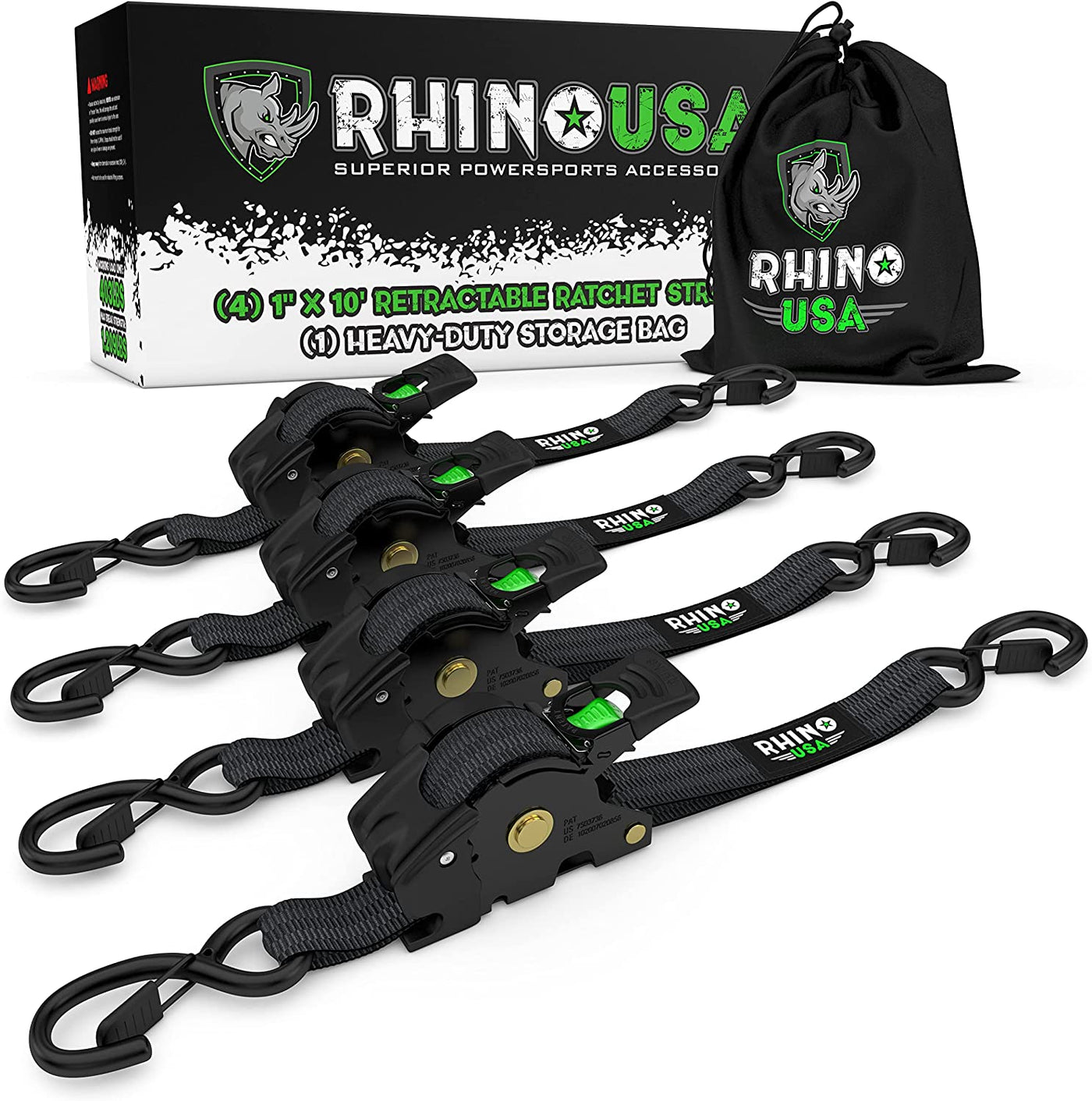 2 Pack Rhino USA 2" x 10' Retractable Ratchet Straps with Self-Retracting Strap & Coated S Hooks